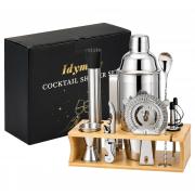 Idymere Cocktail Shaker Set Bartender Kit with Stand, 10PCS Stainless Steel Bar Tools Drink Mixer Set with Martini Shaker, Muddler, Jigger, Strainer, Mixing Spoon, Bar Cart Accessories for Beginners